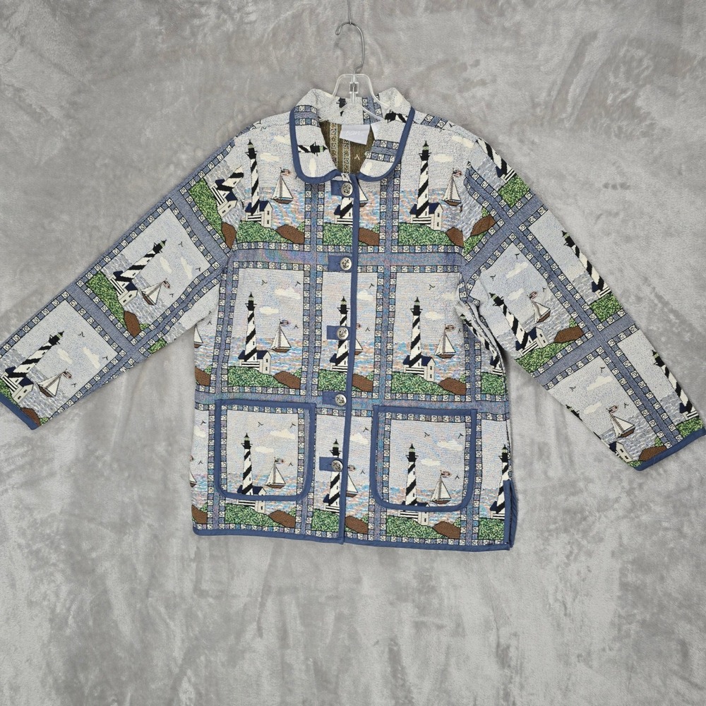 Blair Tapestry Jacket Women L Blue Lighthouse Nautical Chore Coat Button Up Sail